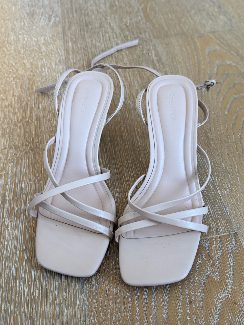 Strappy Square-Toe Ankle-Tie Sandals in Light Beige
